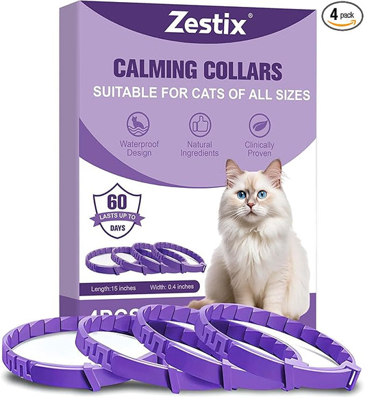 Cat Calming Collar with Pheromone & Lavender, Adjustable Waterproof Design, 30-Day Anxiety Relief, 4-Pack for Multi-Cat Stress & Travel