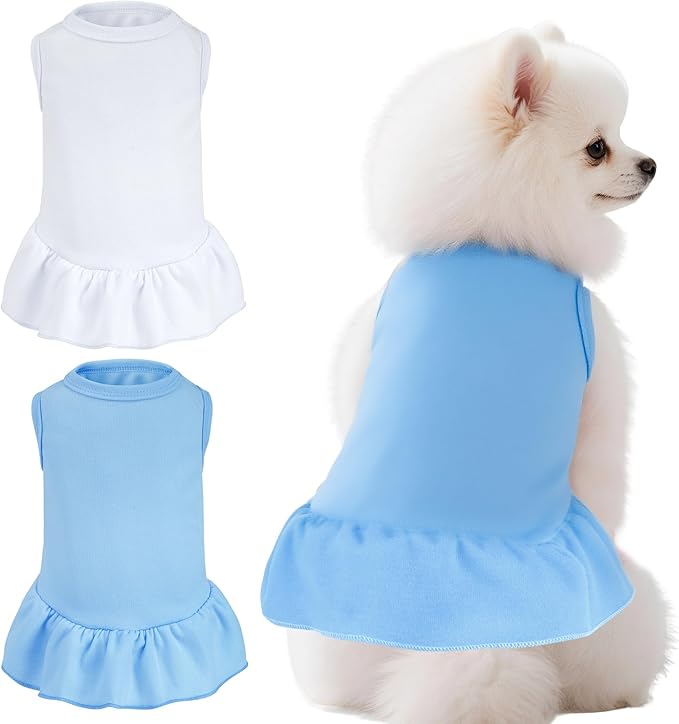 2 Pcs Dog Dresses Cat Skirt Solid Color Dog Clothes Summer Sleeveless Puppy Girl Clothes for Small Pet Dogs Cats (White,Blue, Medium)