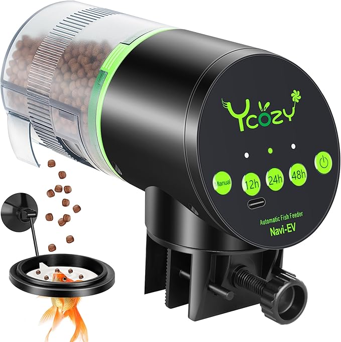 Ycozy Automatic Fish Feeder Rechargeable with USB Cable Moisture-Proof Intelligent Electric Fish/Turtle Feeder for Aquarium & Fish Tank (Plug Powered-EV)
