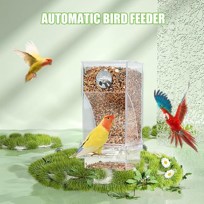 No Mess Automatic Bird Feeder, Acrylic Transparent Parrot Feeder Cage Accessories, Parrot Seed Food Feeder Container Cage Accessories for Small Medium Birds Parakeets Lovebirds (Transparent)