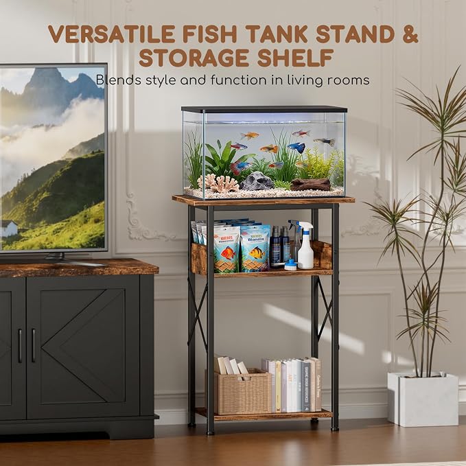 5-10 Gallon Fish Tank Stand with Storage Shelves, 3-Tier Aquarium Stand with Rust-Proof Metal Frame, Heavy Duty Waterproof Reptile Turtle Tank Stand for Home Office Up to 150LBS, 21.5" L x 11.5" W x 30" H, Rustic Brown