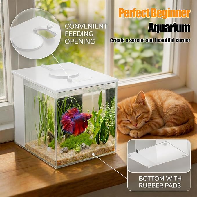 Vehipa 3.7L (1 Gal) Betta Fish Aquarium, Acrylic Small Fish Tank Kit White | Water Filter Pump & LED Light, Ideal for Small Fish, Plants and Shrimp