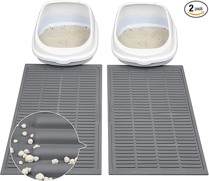 Cat Mat for Litter Box: Groove Design for Scatter Control - Easy Clean Silicone Cat Litter Mat (24"x15",Pack of 2,Grey)