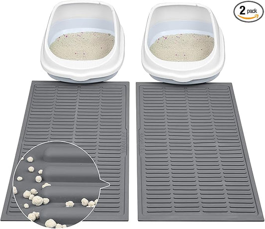 Cat Mat for Litter Box: Groove Design for Scatter Control - Easy Clean Silicone Cat Litter Mat (24"x15",Pack of 2,Grey)