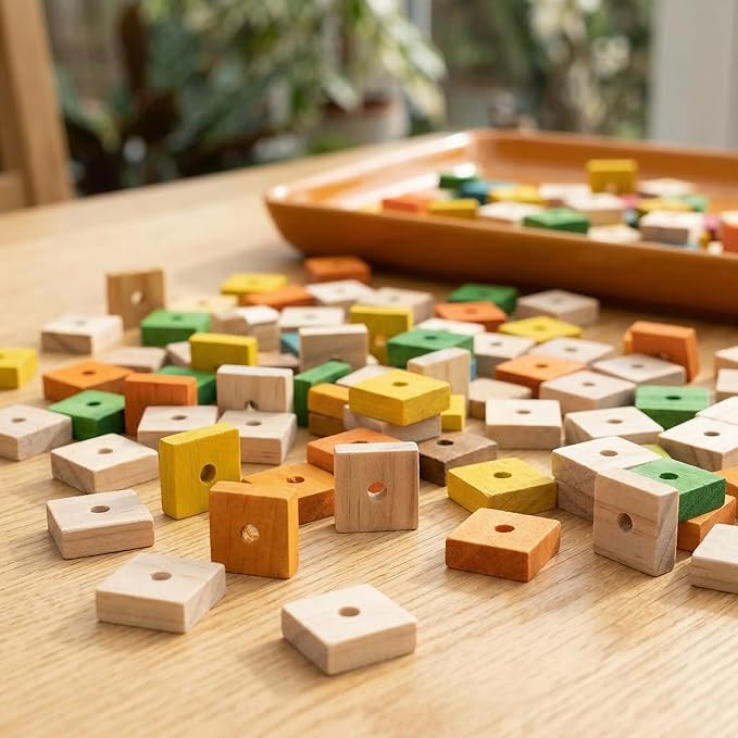 NOLITOY Parrot Toys: 100PCS Wooden Chewing Blocks, Thick Natural Wood for Bird Chew Training, DIY Cage Toys for Parakeet Budgie Conure Macaw Cockatoo