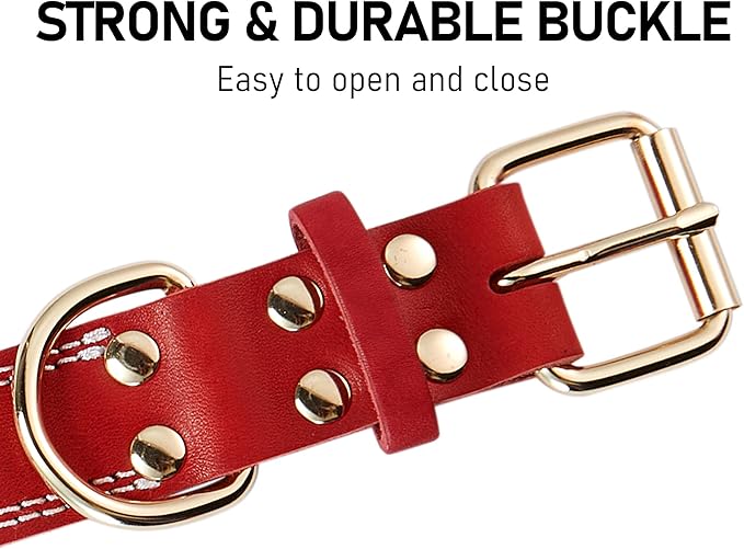 Dog Collar,Genuine Leather Dog Collar, Heavy Duty Dog Collar for Small,.Medium,Large and Extra Large Dog (L: 1.2" Wide for 16.2"-22" Neck,Dual Stitch-Red)