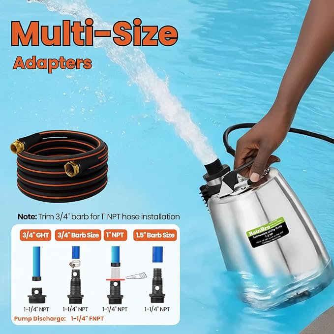 Submersible Sump Pump 1/2 HP 2300 GPH, Water Pump with Hose for Pool Draining, Portable Submersible Pump Handles Clean & Dirty Water, 25ft Power Cord, 3/4" GHT Adapter