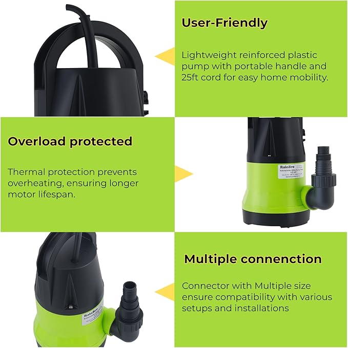 Submersible Sump Pump, 1/2 HP Sump Pump with 10ft Drain Hose Kit & 25ft Power Cord, Portable Submersible Water Pump for Pool Draining, Hot Tub, Basement Flood Removal, Garden Irrigation