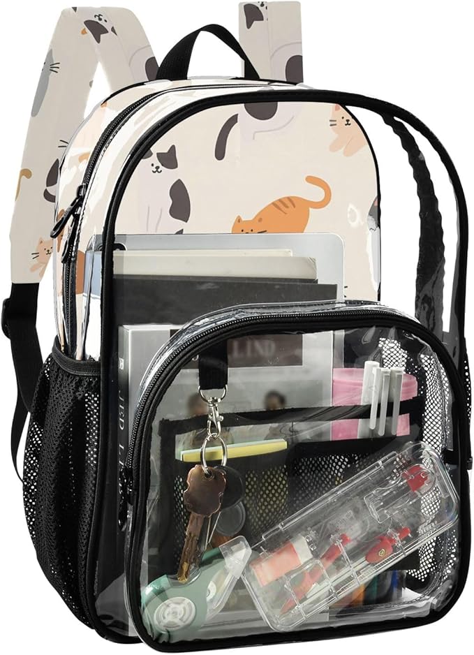 Bolaz Clear Backpack for School Cats in Different Poses Pattern Transparent Bookbag for Girls See Through PVC Boy Backpacks