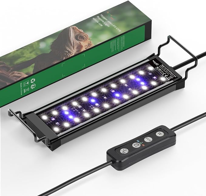 12W LED UVB Light for Reptiles Terrarium Light Extendable Reptile Tank Light with Controller ＆Dimming and 5 UVI Modes Full Spectrum Brilliant White Blue Red Lights for Bearded Dragon, Gecko