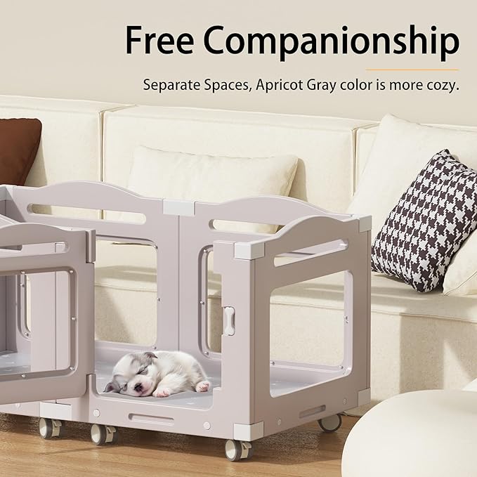 Acrylic Dog Playpen, Indoor Whelping Box with Pet Stroller, Puppy Playpen for Small Medium Pets, Cat Rabbit & Puppies, 6-Panel with Bottom Panel, 8 Wheels, Safe, Sturdy, Apricot Gray