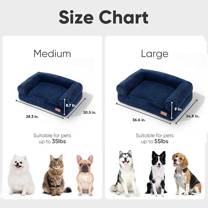 FUKUMARU Cute Dog Bed, Thickened Orthopedic Dogs Couch, 36in Egg Crate Foam Pet Sofa for Medium to Large Dogs, Waterproof Warm Corduroy Pet Bed with Washable Cover, Blue