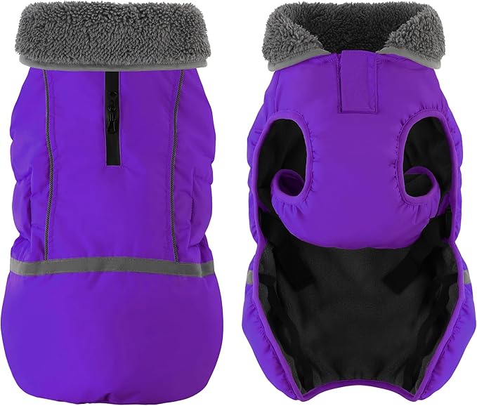 Dogcheer Warm Dog Coat, Christmas Dog Jacket Waterproof Puppy Winter Coat with Buckles, Reflective Adjustable Pet Snow Jacket Turtleneck Fleece Sweater for Small Medium Large Dogs - Purple, L