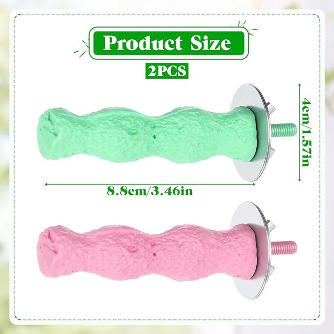 2 Pcs Bird Parrot Cage Perch Stand, Bird Beak Grinding Stone, Resin Anti-Slip Beak Grinder Stone Perches, Nail Trimming Stick, Claw Trimmer Stand, Cage Accessories for Birds, Parrot (Pink, Green)