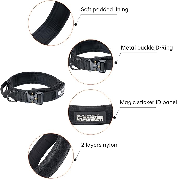 EXCELLENT ELITE SPANKER Tactical Dog Collar Nylon Adjustable Training Collar Military Dog Collar Heavy Duty Metal Buckle with Control Handle for Medium and Large Dogs with Patchese(Black-M)