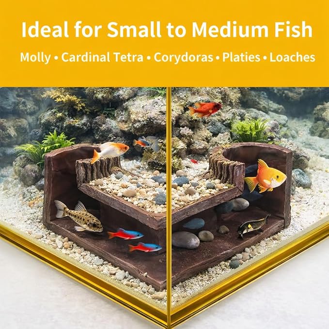 Corner Fish Cave Viewing Tunnel, Realistic Driftwood Stump Hideout for Betta, Shrimp, Corydoras – BPA-Free Aquarium Safe Resin Decoration (5.1”x5.1”x2.8”)