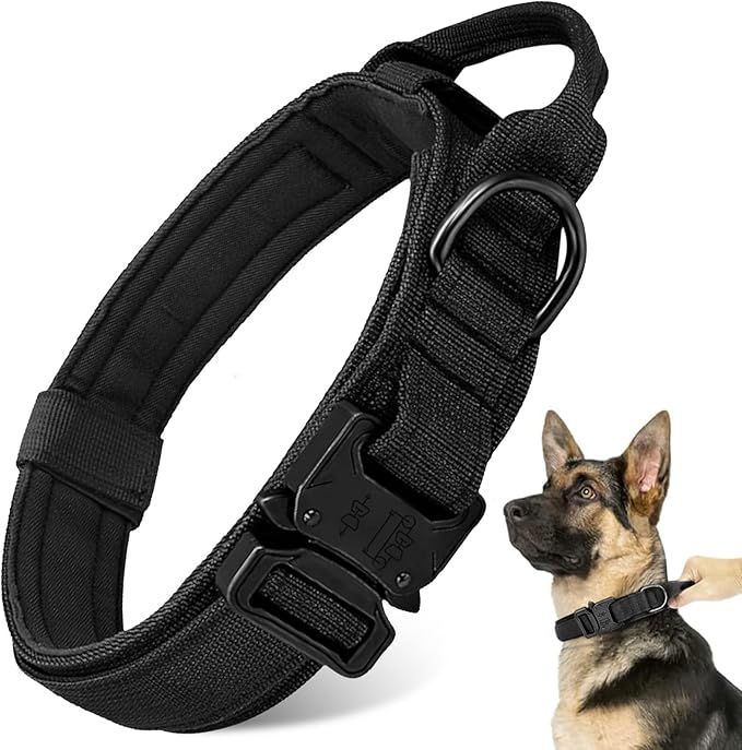 Tactical Dog Collar - Military Dog Collar, Adjustable Heavy Duty Metal Buckle Nylon Collar with Control Handle for Small Medium Large Dogs (Black, XL)