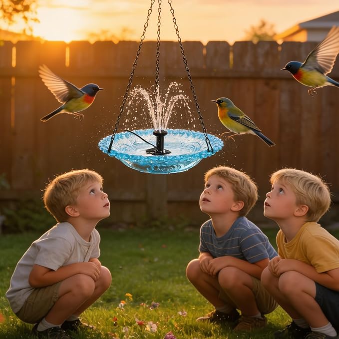 warmow Hanging Bird Bath Fountain, Outdoor Water Fountain, Hanging Bird Bath with Water for Outdoors Garden Patio Backyard Lawn Decor (USB-Powered Single-Layer, Blue)