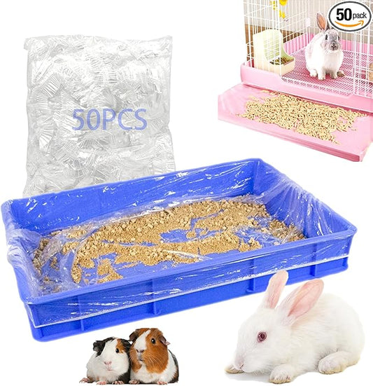 50 Pcs Disposable Rabbit Cage Liner, 26'' X 18'' Plastic Guinea Pig Cage Liners Bag Elastic Small Animal Toilet Film, Clear Crate Tray Covers for Bunnies Ferret Hamster