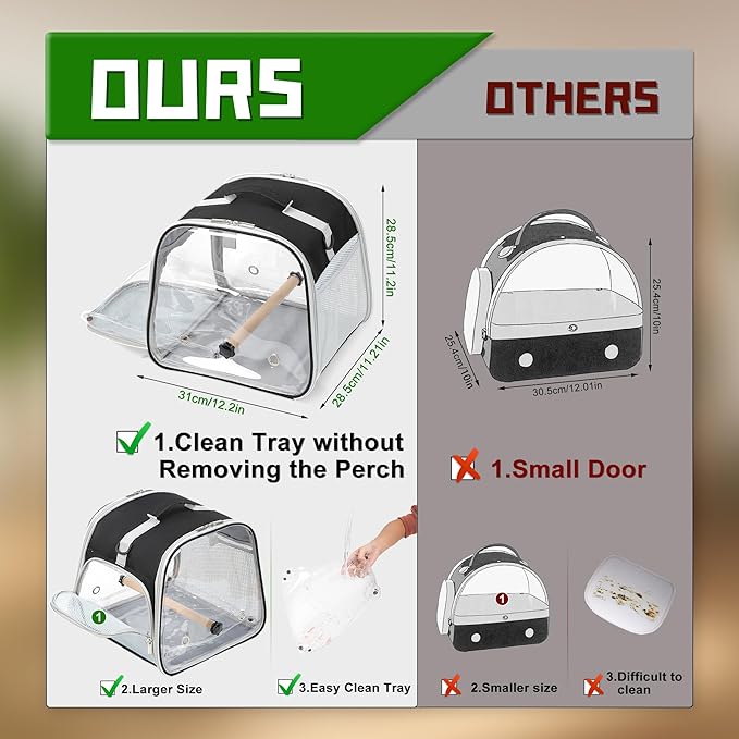 Small Bird Carrier, Large Window Travel Cage with Stand and Easy Clean Tray for Parrot Parakeet Cockatiels, Lightweight and Portable, Black