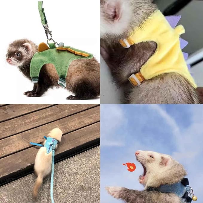 Ferret Harness and Leash Set Cute Dinosaur Design Soft Mesh Small Pet Harness Vest with Safe Bell Walking Clothes for Small Animals Ferret Rabbit Guinea Pig Squirrels (Green)