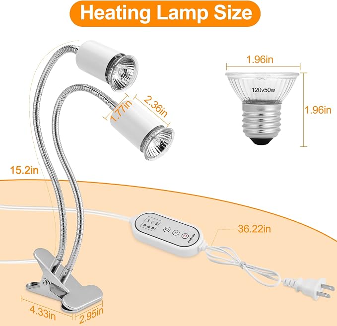 Reptile Heat Lamp, Dual Head Reptile Light with Cycle Timer, Dimmable UVA/UVB Basking Light for Turtle Tortoise Lizard Snake Bearded Dragon and More, 4 Bulbs (2PCS 25W + 2PCS 50W) Included