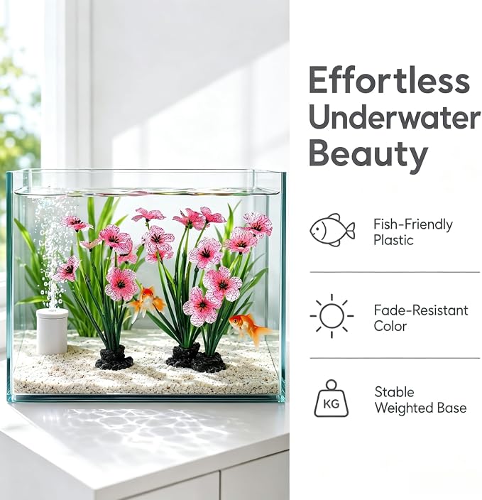 NOLITOY 2 Pcs Pink Aquarium Plants, 8.3 Inch Tall Decor for Betta Fish Tank | Premium soft plastic, heavy weighted base, colorfast in fresh water, 1 min quick setup, fits indoor goldfish glass bowls well