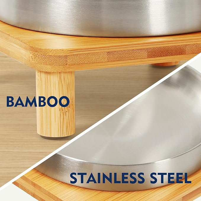 DoogCat Elevated Cat Bowls for Indoor Cats – Raised Bamboo Cat Bowl Stand with 5.5 Inch Wide Stainless Steel Dishes, Pet Food Table Plate for Easy Feeding, Whisker Friendly(Silver,Set of 2)