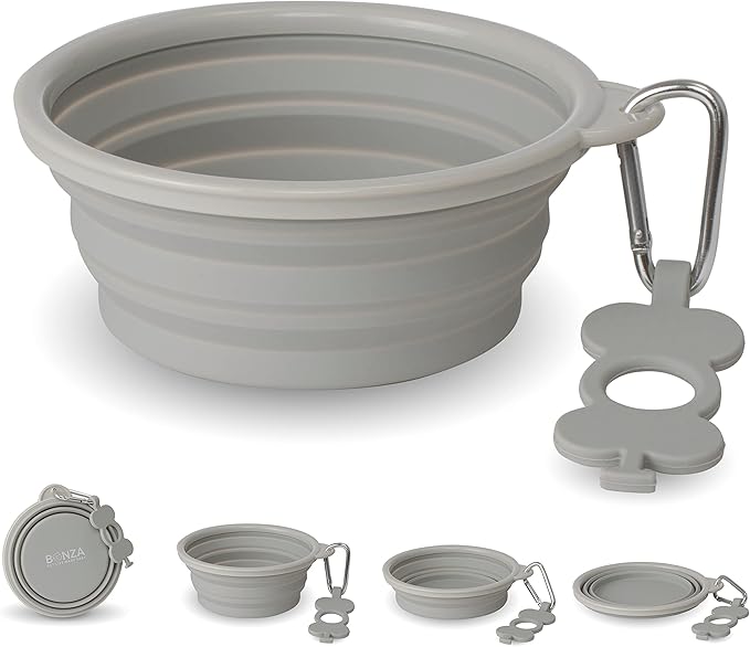 Bonza Collapsible Dog Bowls - Medium 25 oz, Dog Travel Accessories, Silicone Portable Dogs Bowl & Water Dish with Reinforced Rim & Carabiner for Hiking, Camping, and Car Trips, Light Gray
