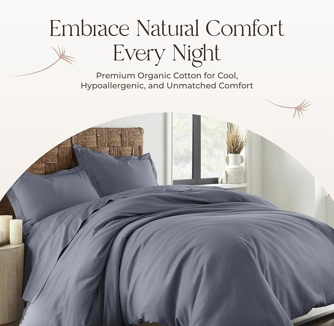 100% Organic Cotton Duvet Cover King Size - Naturally Soft Lightweight & Cooling Duvet Cover Set with Decorative Shams - Premium GOTS Certified 300 Thread Count Sateen Weave (Mineral, King)
