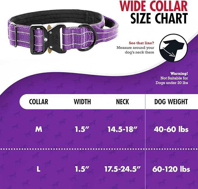 Tuff Pupper Tactical Dog Collar | Heavy Duty 1.5" Wide Ballistic Nylon | Training Control Handle | Quick-Release Metal Buckle | Reflective Bands | ID Tag Holder | Padded Inner Lining (Purple, Medium)