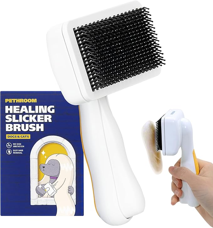 PETHROOM Self-Cleaning Slicker Brush for Dogs & Cats – Gentle Grooming & Deshedding Tool, Removes Mats & Tangles, Skin-Friendly Coated Tips, One-Touch Hair Removal Button