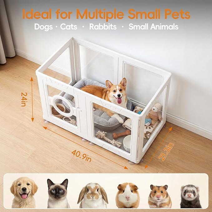 JEKO&JEKO Clear Acrylic Dog Playpen Indoor, Transparent Pet Play Pen for Puppies, Small Dogs, Cats & Rabbits, Easy Assemble Plastic Dog Fence, Easy to Clean (White, 6 Panels)