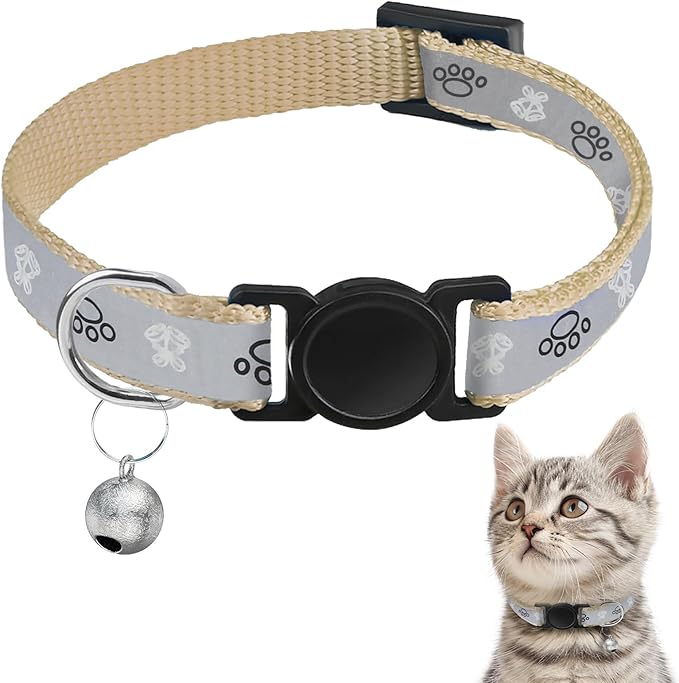 Cat Collar Breakaway, Reflective Kitten Collar with Bell, Safety Buckle Kitten Collar, Lightweight, Adjustable, Comfortable, Suitable for Boy Girl Cats (7"-13") Khaki