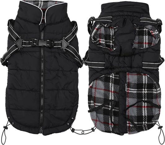 Geyecete Warm Waterproof Winter Dog Coat With Harness Traction Belt - Pet Outdoor Jacket for Autumn and Winter - Medium, Small Dogs - Black-M