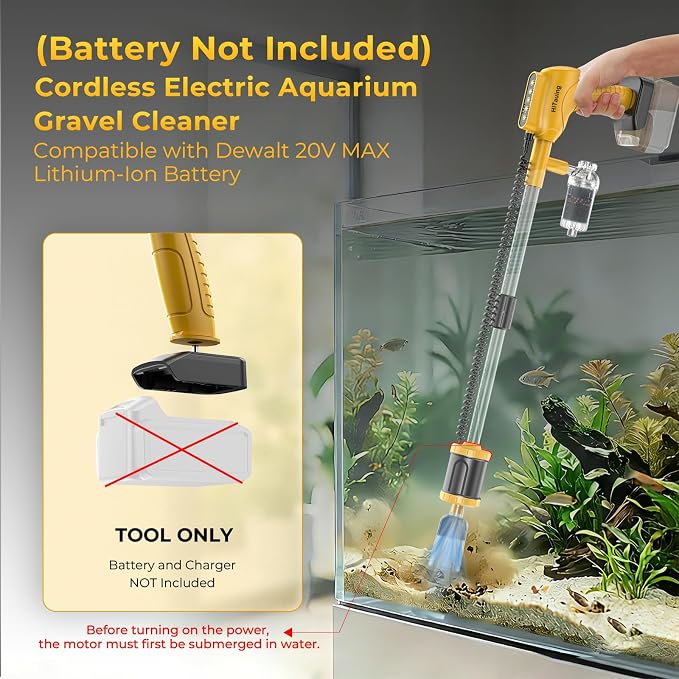 HiTauing Aquarium Gravel Cleaner, Cordless/Corded 6 in 1 Electric Fish Tank Vacuum Cleaner Compatible with Dewalt 20V Battery, 3 Adjustable Power, Automatic Water Change for Freshwater and Saltwater