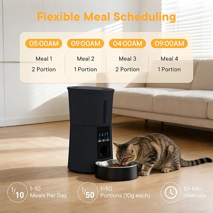 NEWBULIG 4L Automatic Cat Feeder with APP, Timed Pet Feeders for Dry Food with Portion Control, 1-10 Meals Per Day, Dog Food Dispenser with 10s Voice Recorder, Dual Power Supply, Desiccant Bag(Black)