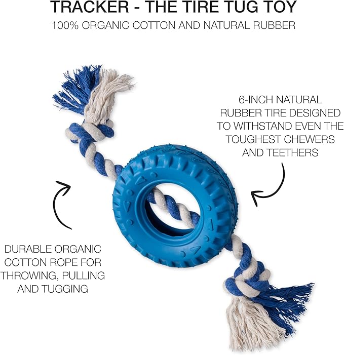 Pet Passion Natural Rubber Tire and Organic Cotton Rope Pull and Chew Dog Toy for All Pet Breeds, Blue, One Size