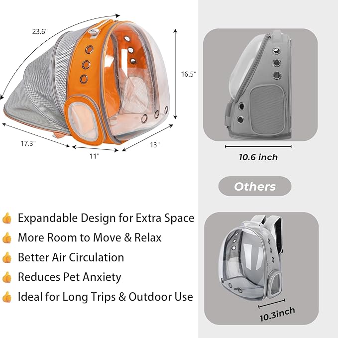 Pet Carrier Backpack Expandable for Cats and Small Dogs, Breathable Anti-Collapse Design, Airline Approved Travel Backpack for Hiking and Outdoor Use (Back Expandable-Orange)