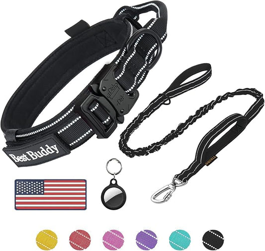 AUBELL Tactical Dog Collar and Leash Set, Reflective Adjustable Heavy Duty Military K9 Collars with Handle and Metal Buckle for Medium Dogs, with Airtag Case and 2 Patches(Black,M)