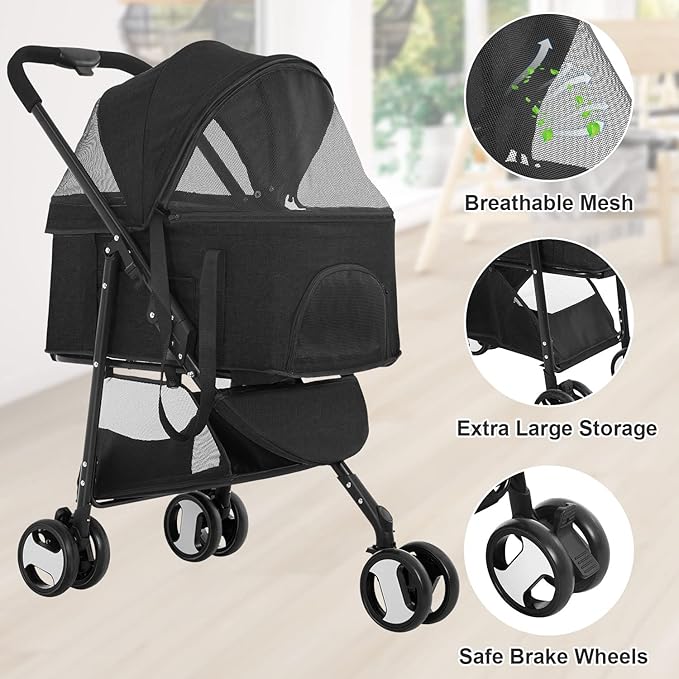 BestPet Pet Stroller Premium 3-in-1 Multifunction Dog Cat Jogger Stroller for Medium Small Dogs Cats Folding Lightweight Travel Stroller with Detachable Carrier, Black
