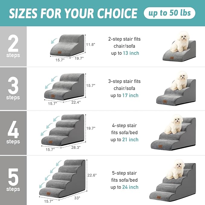 COZY KISS Dog Stairs for Small Dogs 15.7" H, Curved Dog Step for Puppy, Older Cat, Medium Pet Ramp for Sofa, Couch or Chair, Ladder with High Density Foam, 3 Step, 15.7x22.4x15.7 inch, Grey