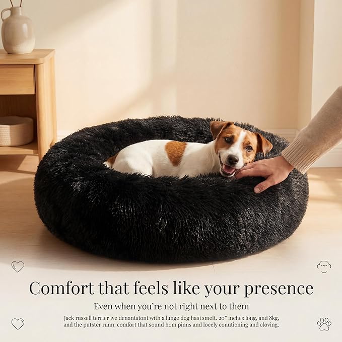 Calming Donut Dogs Beds for Small Dogs Washable,28inch Plush Round Pet Bed for Cozy Sleep,Fluffy Faux Fur Large Cat Bed,Fits up to 30 lbs Pets,Black
