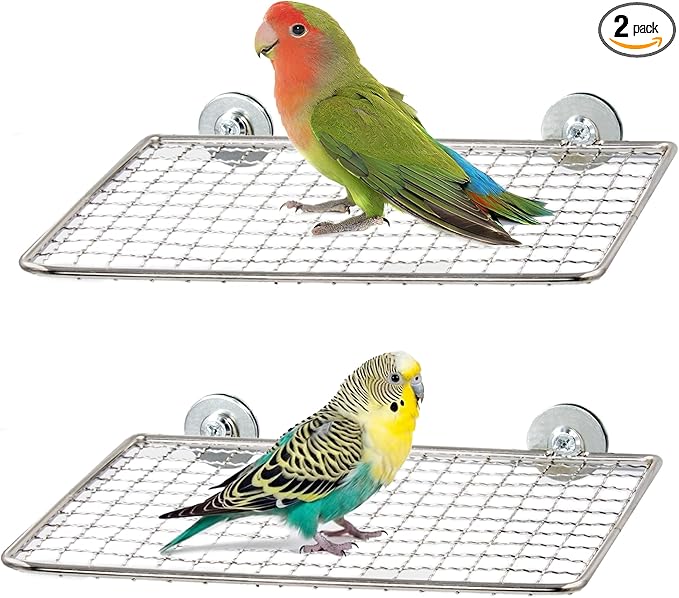 2pcs Stainless Steel Bird Perches for Cage, Open-Grid Easy Clean Parrot Perch Stand, Claw-Friendly Grip Parakeet Perches Shelves, Flat Bird Platform Perch for Cockatiel, Conure, Budgie, Quaker