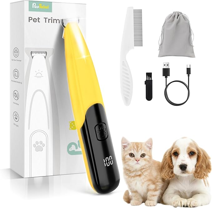 PAPMINI Dog Paw Trimmer with LED Light, 35dB Low Noise Paw Trimmers for Dog's Feet, 2 Speed Safety Electric Dog Clippers for Grooming, Rechargeable Cat Shaver for Paws, Ears, Face, Rump (Yellow)