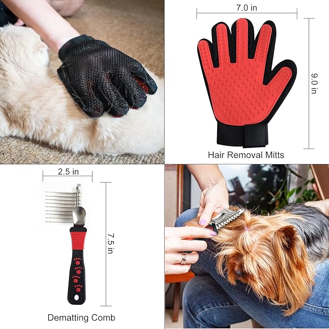 Wisedog Dog Grooming Kit 8PCS - Pin & Bristle Brush, Slicker Brush, Dematting Tool, Nail Clipper, Hair Removal Mitts, Flea Comb for Dogs and Cats (Reddish-black)