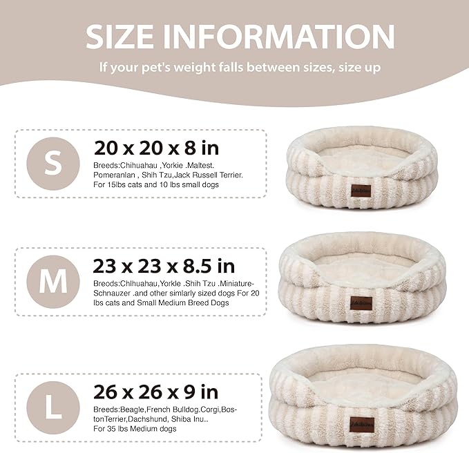Cat Bed Kitten Bed - Washable Round Cat Beds for Indoor Cats, Soft Corduroy Fleece Pet Bed for Puppy and Kitten with Removable Double Sided Inner Cousion, 20", Beige
