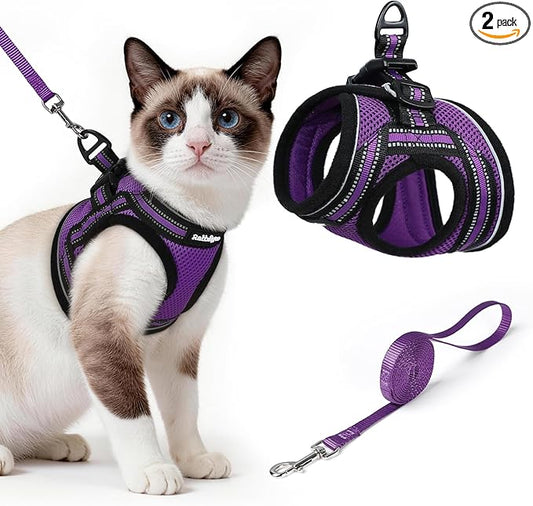 rabbitgoo Cat Harness and Leash Set for Walking Escape Proof, Adjustable Soft Kittens Vest with Reflective Strip for Cats, Comfortable Outdoor Vest, Purple, L