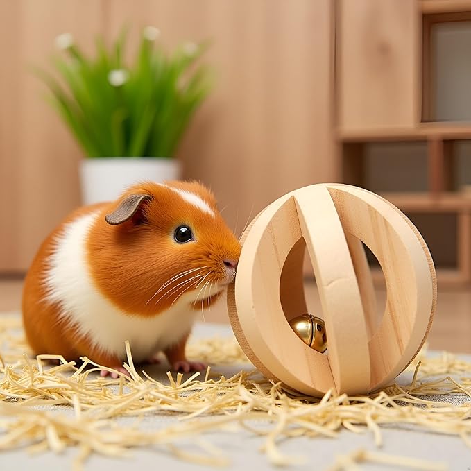 Jinshining 1pc Wood Color Natural Wood Dumbells Unicycle Bell Roller Pet Chew Toy for Guinea Pigs Rat Rabbits,Guinea Pig Toys Boredom,Small Animals Will be Very Happy Toys(No Bark Watermelon Ball)