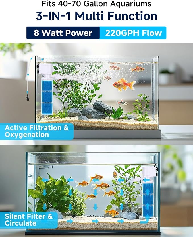 fishkeeper 4-in-1 Mutil Stage Aquarium Power Filter, 6W/8W/13W, 20-100Gal | Quiet Submersible Fish Tank Filter with Filtration/Bubbler/Oxygenation/Wavemaker Function, Adjustable Air Flow, Sponge Filter